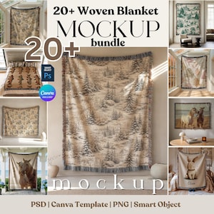 Woven Blanket Mockup Bundle, Print on Demand Throw Blanket Mockups PSD, Canva Drag & Drop