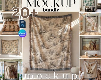 Woven Blanket Mockup Bundle, Print on Demand Throw Blanket Mockups PSD, Canva Drag & Drop