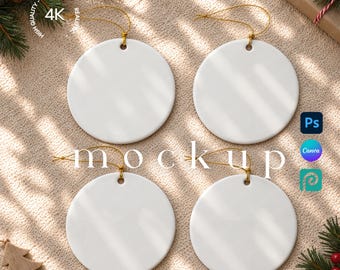 4 Ornament Mockup, Family Ornament Mockup, Ceramic Christmas Ornament Mockup Set of 4 Canva Template + PSD