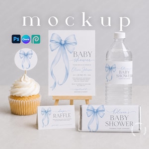 May include: A baby shower stationery set featuring a light blue watercolor bow design. Includes a vertical invitation, a water bottle label, a diaper raffle card, a candy bar wrapper, and a cupcake topper, all displaying matching blue bow graphics.