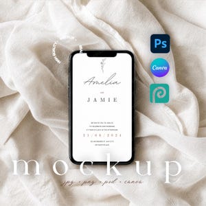 May include: A smartphone mockup showing a wedding invitation with the names "Amelia" and "Jamie." The invitation includes the date, time, and location. The image also features icons for Photoshop, Canva, and another design platform, along with the word "mockup."