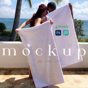 Conjunto de dois mockups de toalhas de praia 30" x 60" Printfy, mockup de toalha de praia para casal, mockup de toalha de lua de mel, mockup de design de tecido de banho, objeto inteligente no Photoshop