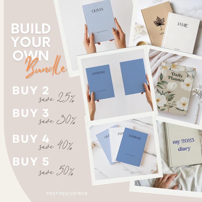 May include: A collection of journals and planners in various colors and designs. The image features a light blue journal with the name "Olivia", a beige journal with a maple leaf, and a white journal with the name "Jamie". The text "Build Your Own Bundle" is also visible.