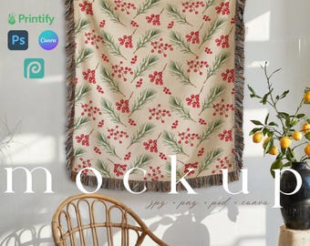 Decorative Summer Woven Blanket Mockup Woven Throw Blanket Mockup Woven Tapestry Blanket Canva Gooten Printfy Jacquard Fringed Blanket PSD