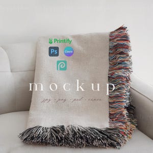 Woven Blanket Mockup with Black and White Fringe, Folded Woven Jacquard Fringed Blanket PSD, Woven Throw Blanket Mockup, Printify Blanket