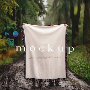 Woven Blanket Mockup Canva, Mockup Woven Jacquard Fringe Blanket, Woven Throw Blanket Mockup, Printify Fringe Blanket, Realistic Woven PSD