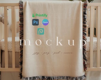 Nursery Woven Blanket Mockup With Black and White Fringe, Kids Woven Jacquard Fringed Blanket Nursery Canva, Baby Woven Throw Blanket PSD
