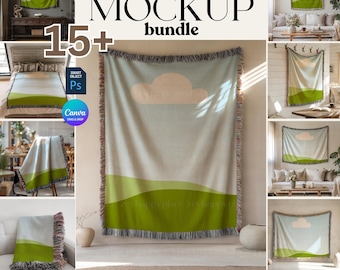 Könnte beinhalten: Ein Mockup von über 15 gewebten Decken mit verschiedenen Designs. Die Decken sind in verschiedenen Umgebungen zu sehen, darunter auf einem Bett, auf einer Couch und an einer Wand. Die Decken sind alle aus einem weichen, strukturierten Stoff gefertigt und haben einen Fransenrand. Der Text "15+ Woven Blanket Mockup Bundle" wird oben im Bild angezeigt.