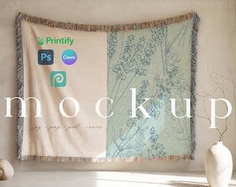 Horizontal Woven Blanket Mockup Gooten Woven Wall Hanging Landscape Mockup Wall Tapestry Throw Boho Aesthetic Blanket Canva Template PSD