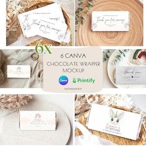 May include: Six mockups of chocolate bar wrappers with different designs. The wrappers feature illustrations of a rainbow, a unicorn, and text that says "Thank you for coming!" and "Baby Shower".