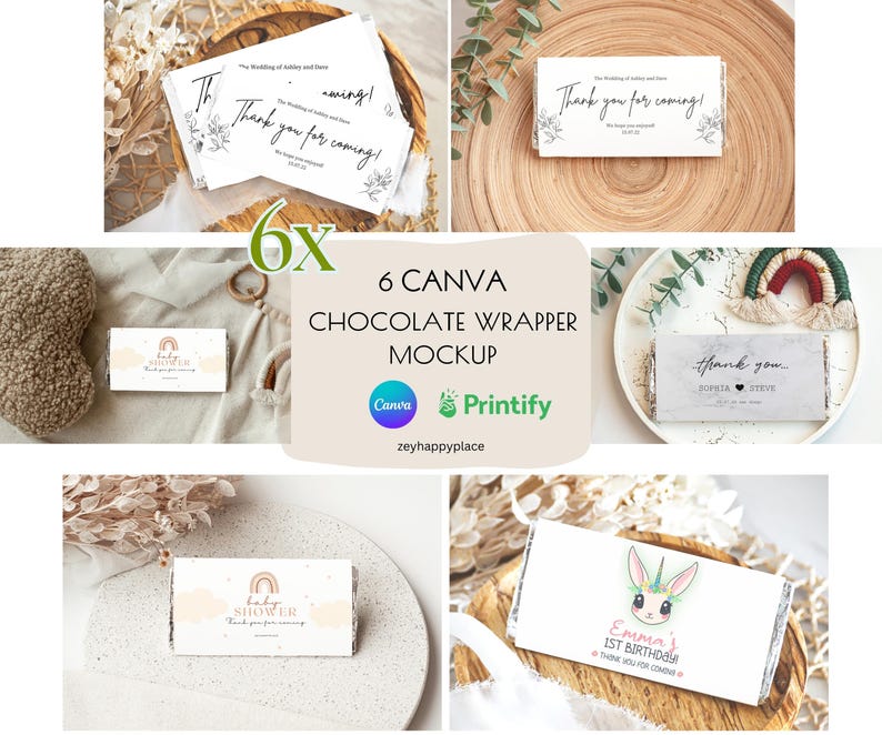 May include: Six mockups of chocolate bar wrappers with different designs. The wrappers feature illustrations of a rainbow, a unicorn, and text that says "Thank you for coming!" and "Baby Shower".