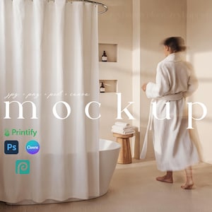 Shower Curtain Mockup Canvas Shower Curtains Mockup Canva Template Bathroom Curtain with Person Aesthetic Neutral Bathroom Decor Mockup PSD