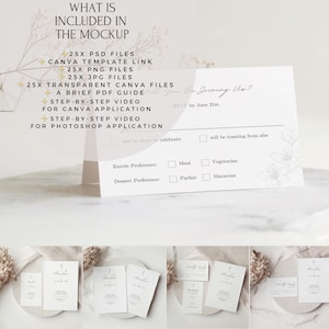 May include: A mockup of a wedding invitation suite with a minimalist design. The invitation features a simple floral illustration and the text "Be Joining Us?" with an RSVP date of June 21st. The invitation is displayed on a white marble surface with a bouquet of dried flowers.