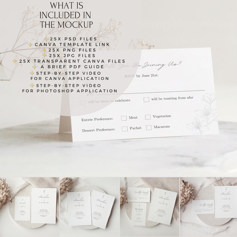 May include: A mockup of a wedding invitation suite with a minimalist design. The invitation features a simple floral illustration and the text "Be Joining Us?" with an RSVP date of June 21st. The invitation is displayed on a white marble surface with a bouquet of dried flowers.