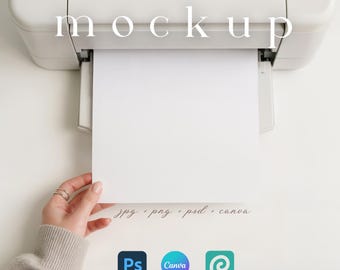 Minimalist Printer Paper Mockup with Person Canva Blank Paper in Inkjet Printer Clean Paper Printing Mockup Printable Template PSD Drag&Drop