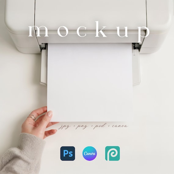 Minimalist Printer Paper Mockup with Person Canva Blank Paper in Inkjet Printer Clean Paper Printing Mockup Printable Template PSD Drag&Drop