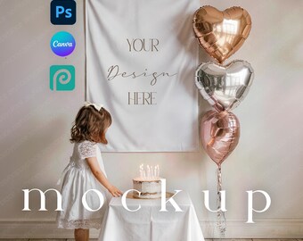 Birthday Tapestry Mockup, 26x36 Wall Decor Fabric Canva PSD Drag&Drop