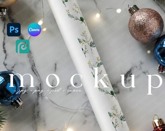 Christmas Wrapping Paper Roll Mockup Rolled Gift Paper Mockup PSD Paper Tube Mockup Gift Wrap Roll Mockup Holiday Paper Pattern Mockup PSD