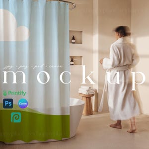 Shower Curtain Mockup Canvas Shower Curtains Mockup Canva Template Bathroom Curtain with Person Aesthetic Neutral Bathroom Decor Mockup PSD