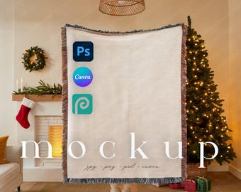 Large Woven Throw Blanket Mockup 60"x80" Vertical Christmas Woven Blanket Mockup PSD POD Jacquard Fringed Blanket Mockup Canva Drag&Drop