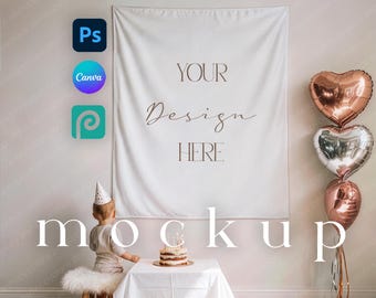 50x60" Party Tapestry Mockup, Wall Decor Fabric PSD, Canva Drag&Drop