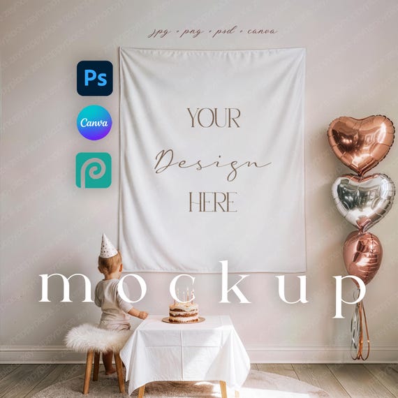 50x60" Party Tapestry Mockup, Wall Decor Fabric PSD, Canva Drag&Drop