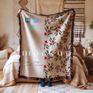 Woven Blanket Mockup Canva, Jacquard Fringed Woven Throw Blanket Mockup, Printify Fringe Blanket, Realistic Woven Texture Smart Mockup PSD