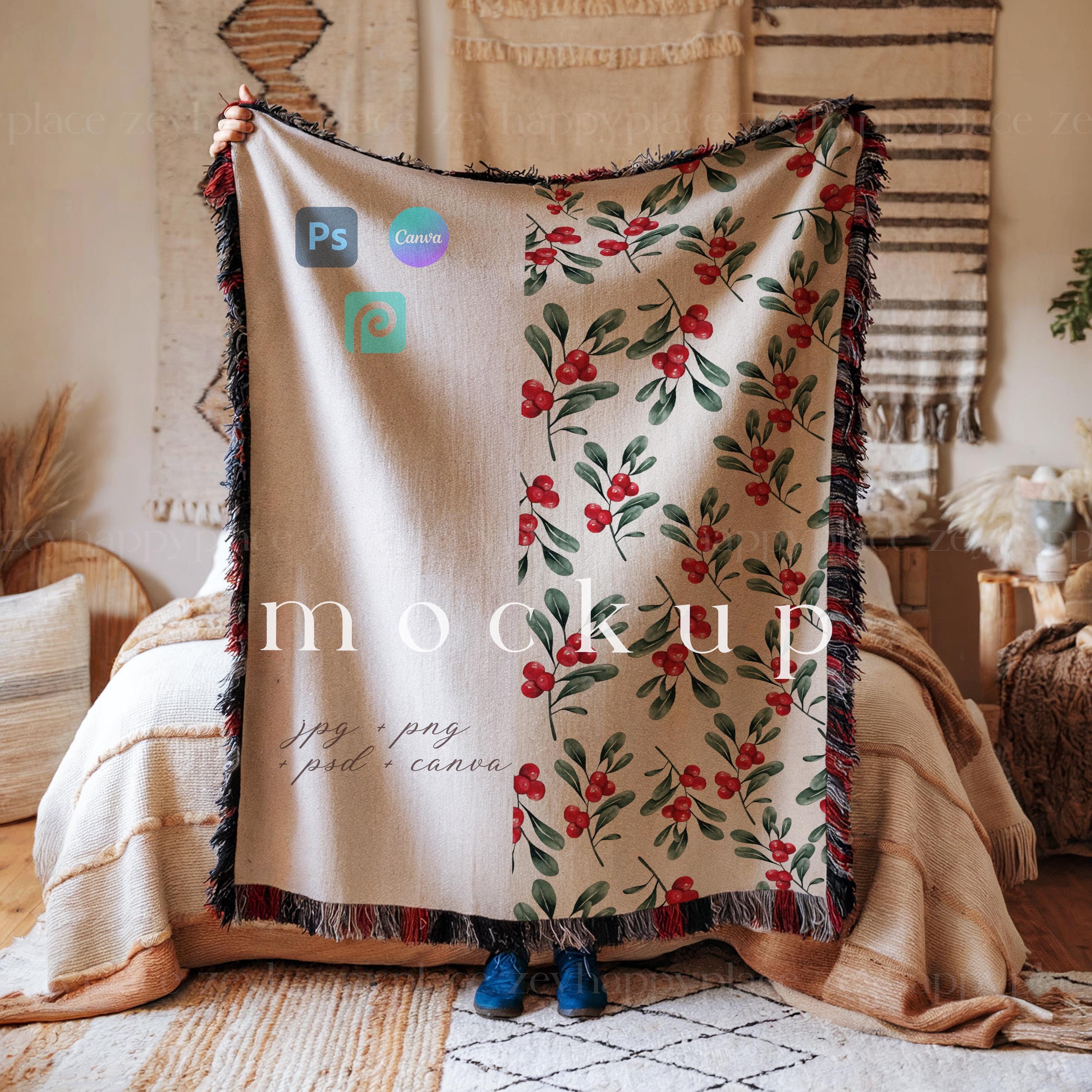 その他 USED FRINGE BLANKET Woven Blanket Mockup Canva, Jacquard Fringed Woven Throw Blanket