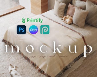 Pet Woven Blanket Mockup with Black and White Fringe Woven Jacquard Fringe Blanket Canva POD Woven Throw Blanket Mockup Printify Blanket PSD