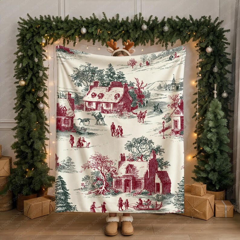 May include: A cream-colored throw blanket with a red and green toile pattern depicting a winter village scene. The blanket features illustrations of houses, people, and trees. The blanket is displayed in front of a Christmas garland.