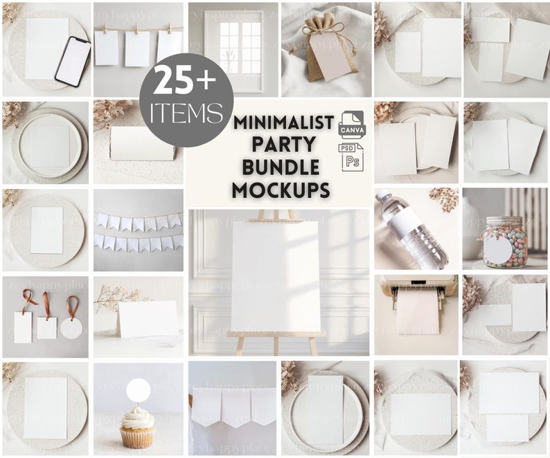 May include: A set of 25+ minimalist party mockups featuring various items like cards, banners, tags, and a canvas. The mockups are in a neutral color scheme with a light background.