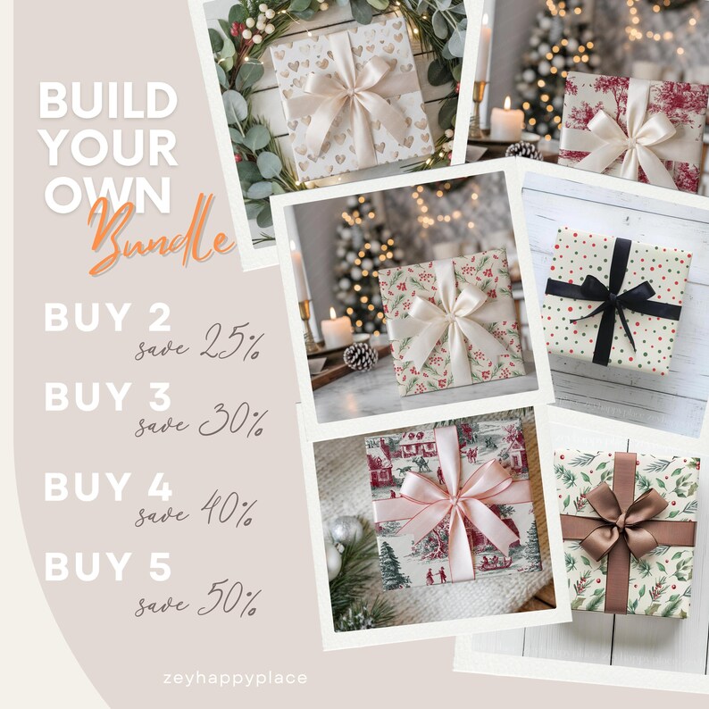 May include: A collage of wrapped gifts with various patterns and ribbon colors. The gifts are wrapped in festive paper with designs including hearts, berries, and winter scenes. Text on the image reads "Build Your Own Bundle" with discount information.