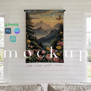 織り壁タペストリー モックアップ Printfy 織り屋内壁タペストリー モックアップ Canva テンプレート 織りタペストリー壁掛けモックアップ PSD ドラッグアンドドロップ