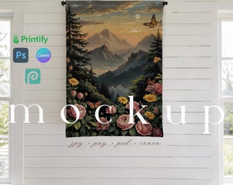 Woven Wall Tapestry Mockup Printfy Woven Indoor Wall Tapestry Mockup Canva Template Woven Tapestry Wall Hangings Mockup PSD Drag Drop