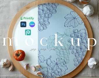Glass Cutting Board Mockup Canva Printfy Cutting Board PSD Blank Round Glass Cutting Board Mock ups Bread Board Mockup Bread Cut Board