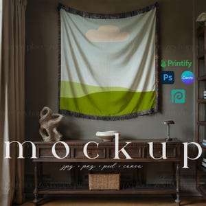 Vävd filt Mockup Canva mall Väggtapet Gooten vävd mockup Printfy Moody Academia-stil Photoshop PSD Print on Demand POD
