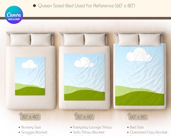 May include: Velveteen blanket size chart with three examples: 30" x 40", 50" x 60", and 60" x 80". Each blanket features a sky and landscape design. Text includes "Nursery Size", "Everyday Lounge Throw", and "Bed Size".