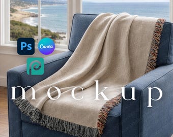 Maqueta de manta tejida con temática de verano, tapiz de pared con impresión a pedido en Photoshop y Canva