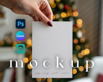 Christmas Invitation Mockup in Hand Winter Wedding Invitation Mockup 5x7 Holiday Card Mockup Cozy Festive Invite Mockup PSD Canva Drag&Drop