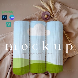 Mockup di coperta in mussola per neonati a 3 pieghe Canva, modello di coperta in cotone country, modello di coperta Boho per neonati a tre pieghe, coperta in mussola per neonati PSD