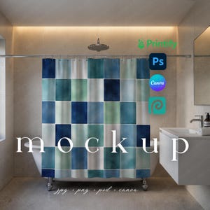 May include: A shower curtain featuring a checkered design in shades of blue, teal, and white, with a watercolour effect. The word "mockup" is displayed in a large, elegant font. The image is set in a bathroom.
