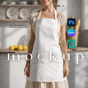 May include: A white apron with adjustable strap colors. The apron is displayed on a person in a kitchen setting. The word "mockup" is printed on the apron. The image also includes the logos for Photoshop, Canva, and another design platform.