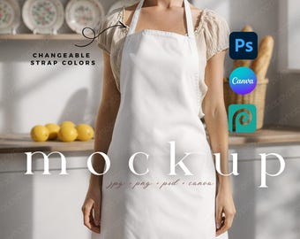 Apron Mockup with Changeable Strap Colors, Print-on-Demand Editable Kitchen Apron Mockup, PSD & Canva