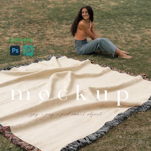 Picnic Woven Blanket Mockup with Black and White Fringe Photoshop, Jacquard Fringed Woven Throw Blanket Mockup, Printify Picnic Blanket PSD