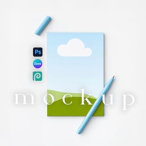 May include: A mockup design featuring a blue pen, a light blue marker, and a notepad with a cloud and landscape design. The word "mockup" is written in white. Photoshop, Canva, and Pinterest logos are also visible.