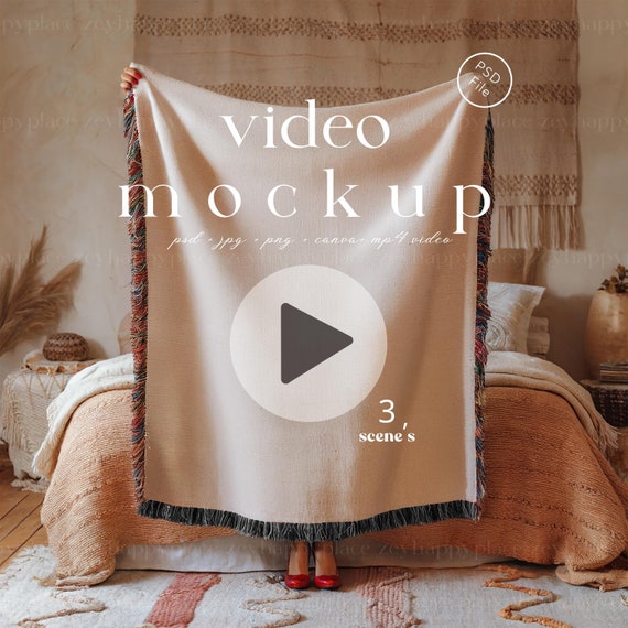 Woven Blanket Video Mockup, Video Mockup Woven Jacquard Fringe Blanket, Printfy Woven Throw Blanket Mockup PSD, Blanket Video Mockup MP4
