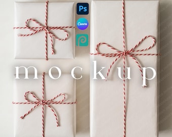3 Christmas Gift Wrapping Paper Mockup Set Red Twine Canva Christmas Gift Box Mockup Printify Gift Wrap Paper Holiday Wrapping Bundle PSD