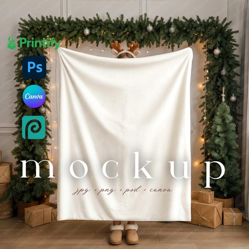 May include: A cream-colored blanket with the word "mockup" in large white letters. The blanket is held up in front of a Christmas-themed backdrop with a garland, Christmas trees, and wrapped gifts. The text "jpg + png + psd + canva" is also visible.
