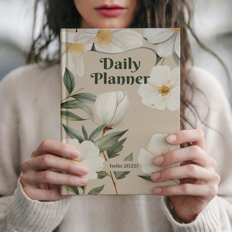 Puede incluir: Una agenda diaria beige con un dise&ntilde;o floral con flores blancas y hojas verdes. El texto "Daily Planner" est&aacute; impreso en verde oscuro en la portada. El texto "hello 2025!" est&aacute; impreso en una etiqueta blanca.