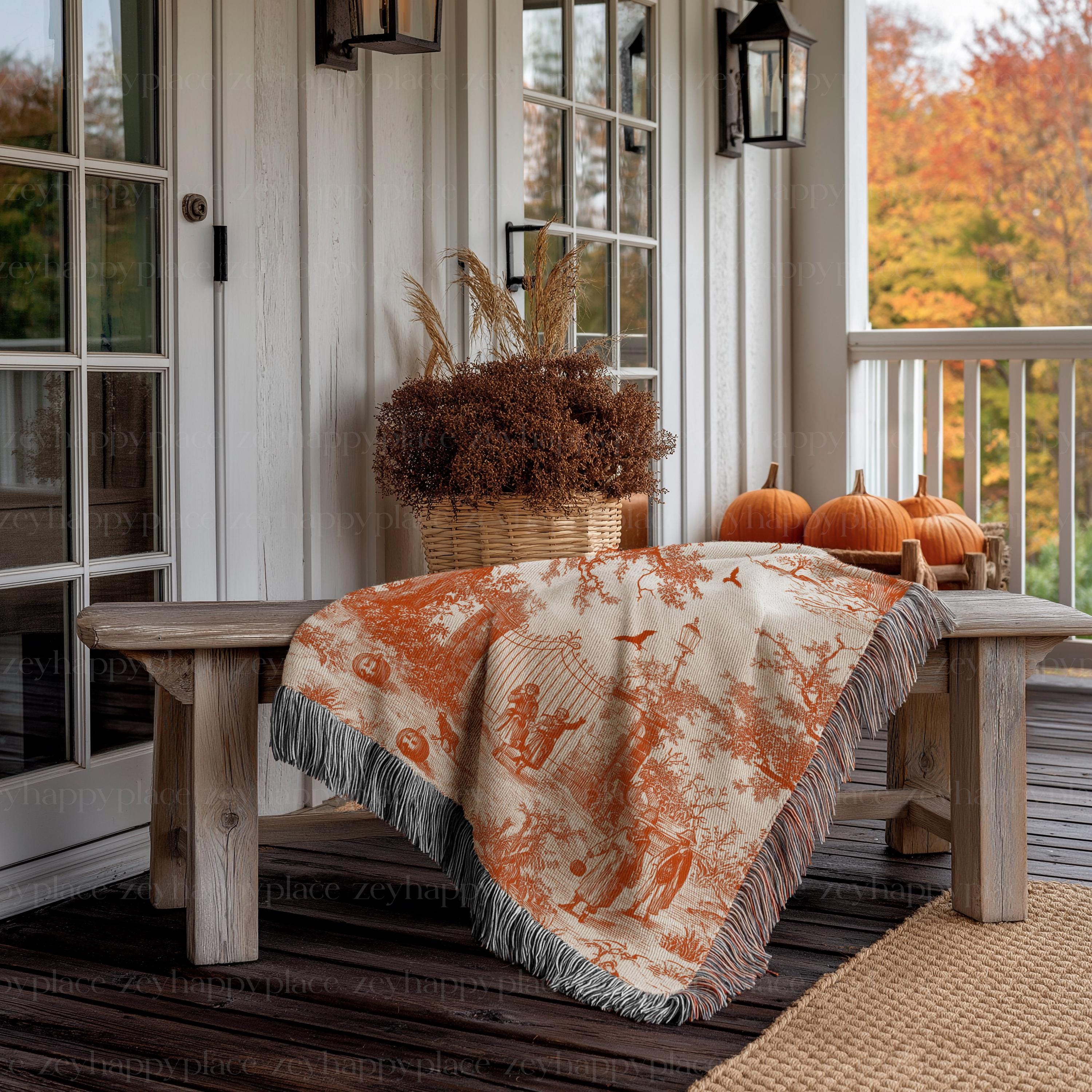 Halloween Woven Blanket Mockup With Black and White Fringe Fall